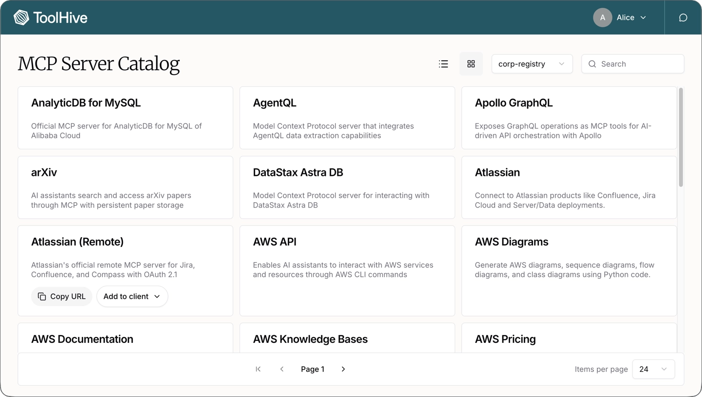 ToolHive Cloud UI catalog ToolHive Cloud UI showing the browsable catalog of MCP servers